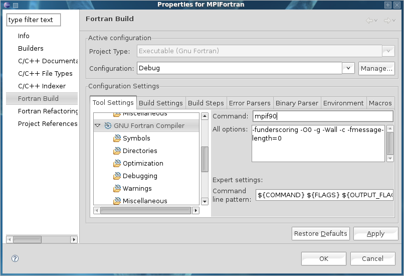 Properties for MPIFortran